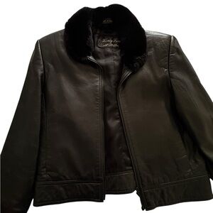 Henig Furs Black Leather Jacket with Faux Fur Collar